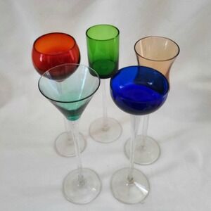 Vintage Crystal blown Cordial‎ glasses Multicolor Long Stem Aperitif 5pcs